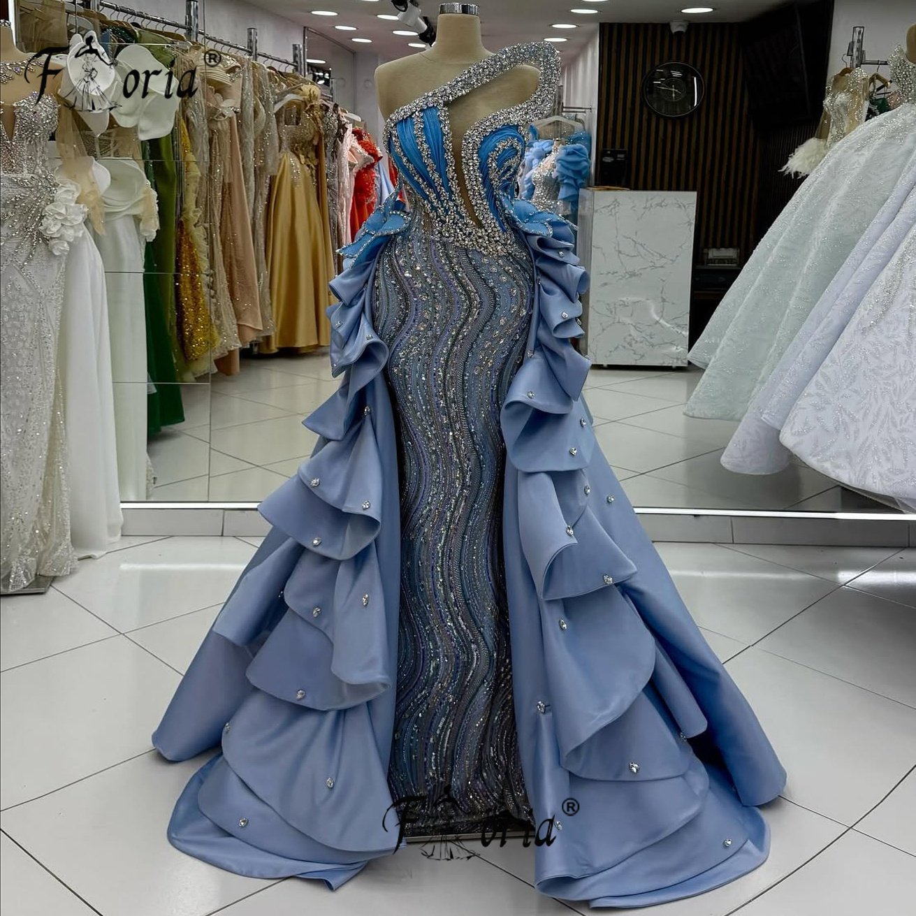 Elegante contas completas sereia vestido de noite com overskirt destacável cristais azuis dubai vestido de baile robe de soiree personalizado 2025