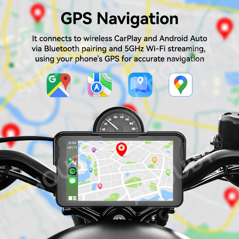 AHOUDY 5-дюймовый мотоциклетный навигационный экран Carplay IP67 Водонепроницаемый Android Auto Bluetooth 5G WiFi модуль