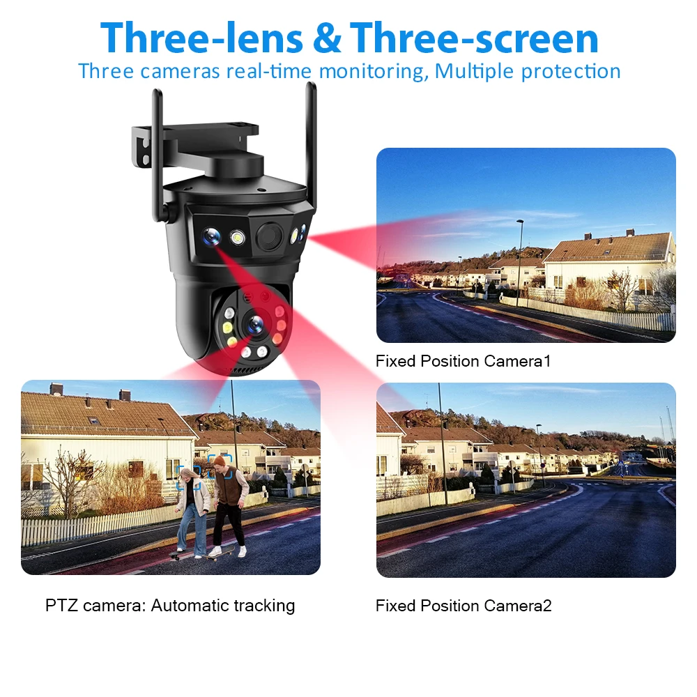 6K 12MP WIFI Camera Triple Lens Triple Screen Outdoor 10x Zoom PTZ Security Protection Auto Tracking CCTV Video Surveillance