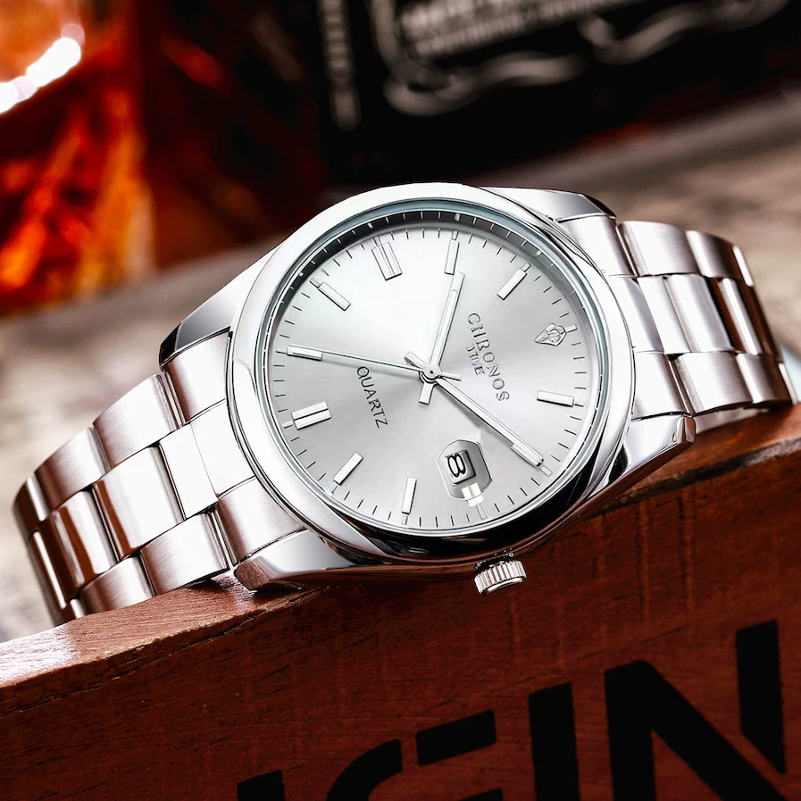 CHRONOS Top marque de luxe homme montre-bracelet étanche lumineux Date hommes montres en acier inoxydable Quartz montre pour hommes mâle reloj
