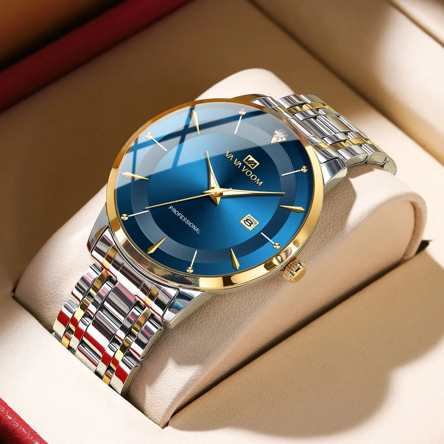2024 nowych mężczyzna zegarek ze stali nierdzewnej styl biznesowy luksusowy Rhinestone 43mm niebieskie złoto zegarek kwarcowy Relogios Masculino