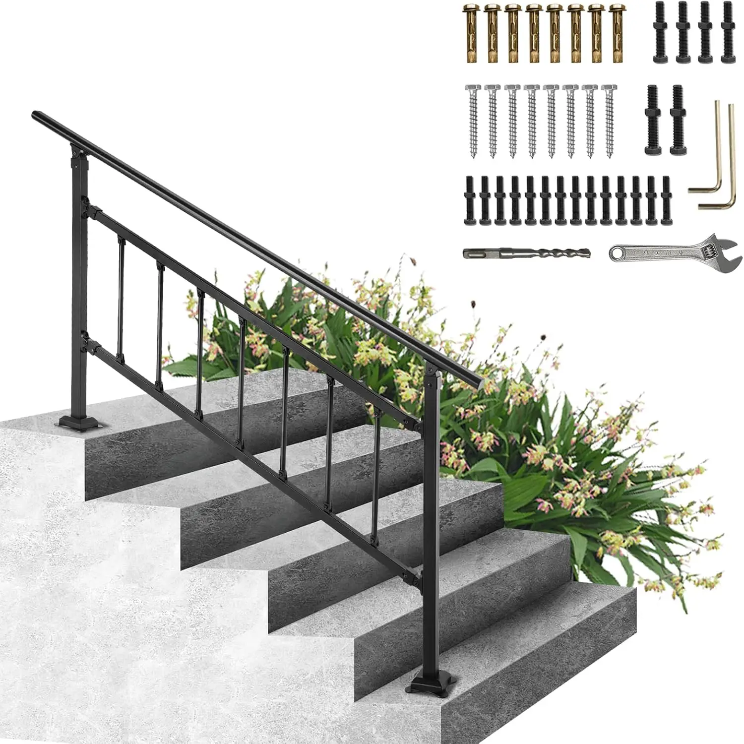 Outdoor Stair Railing, Fits for 1-5 Steps Transitional Wrought Iron Handrail, Adjustable Exterior Stair Railing with Fence