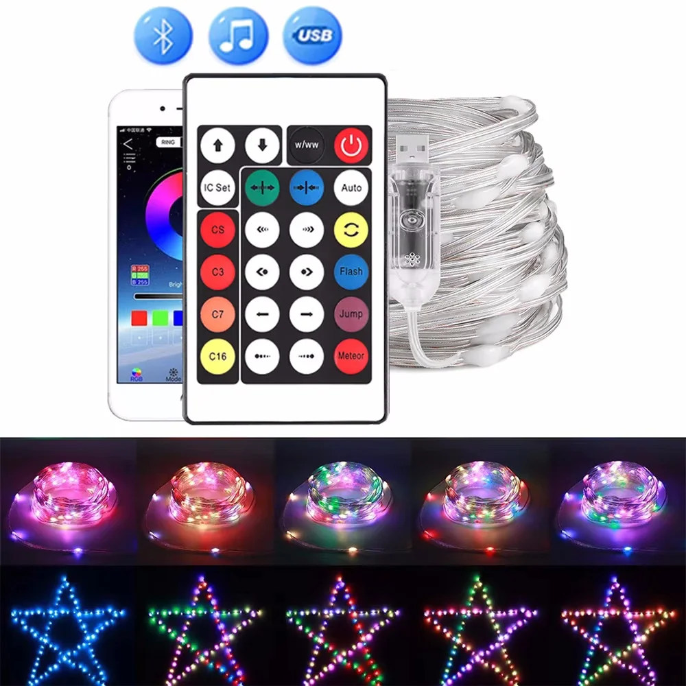 String LED บลูทูธไฟ Fairy Dreamcolor RGBIC DIY Party ไฟต้นคริสต์มาสงานแต่งงานตกแต่ง Garland โคมไฟ USB 15 M/10 M/5 M/2 M