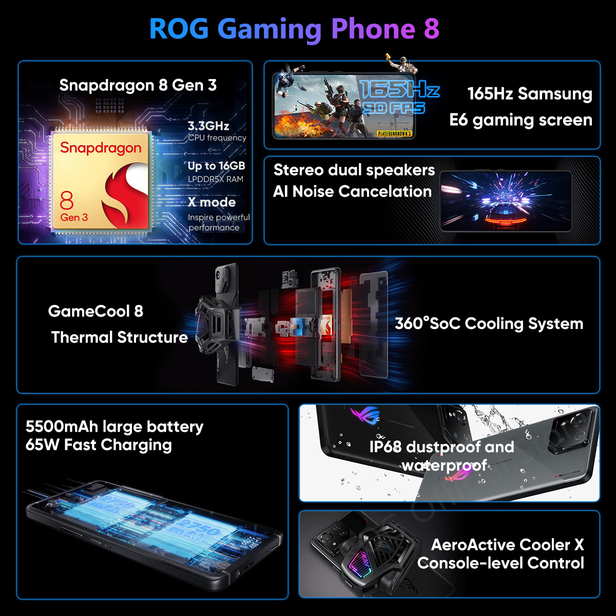 รอบปฐมทัศน์โลกปี 2024 ASUS ROG โทรศัพท์ 8 Snapdragon 8 Gen 3 5G สมาร์ทโฟน 6.78 ''165HZ E-Sports หน้าจอ 65W ชาร์จ NFC ROG 8 Pro