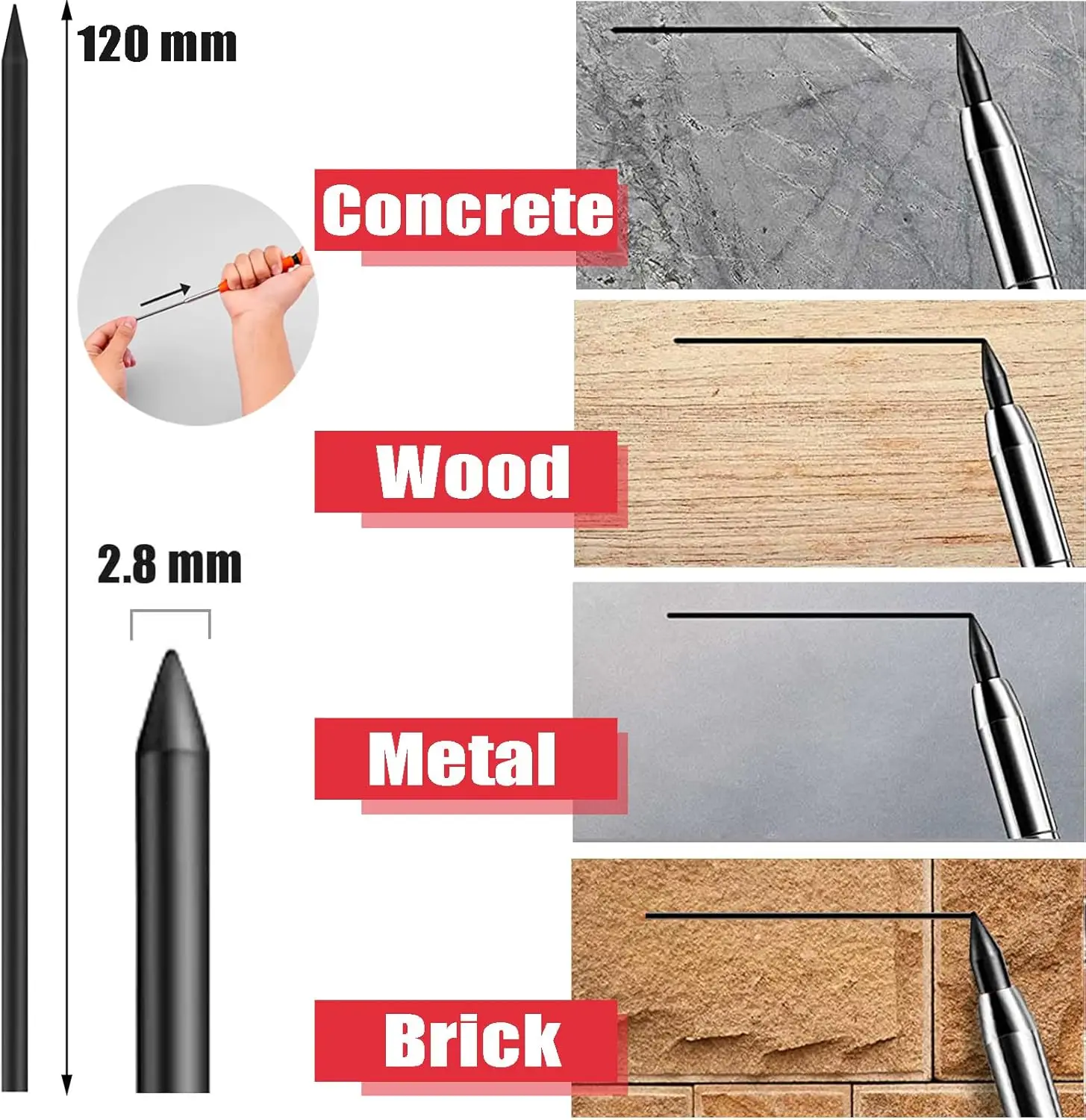 36 Uds. Recambios de plomo de lápiz de 2,8mm para lápiz de carpintero, lápices de marca, reemplazos de lápiz de construcción de Agujero profundo, cables de lápiz de estudio