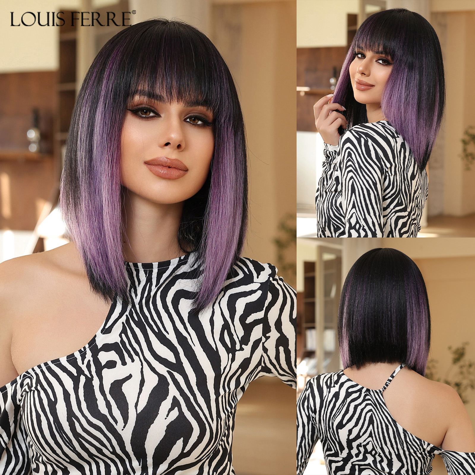 LOUIS FERRE-pelucas de fibra sintética para mujer, pelo Natural con flequillo, color negro, Morado, ombré, corto y liso, para fiesta de Cosplay