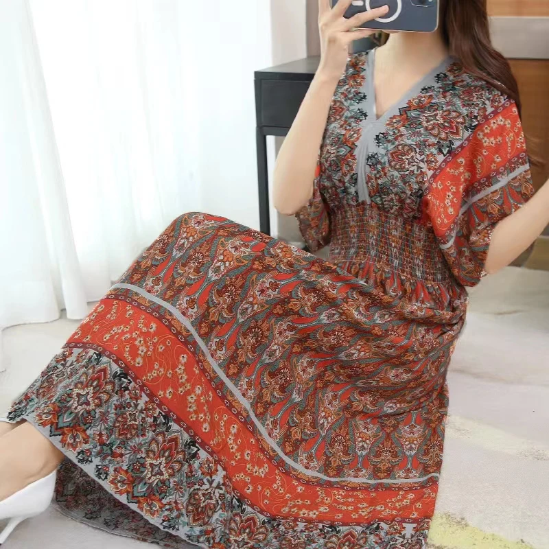 New In Clothes Elegant Trend Bohemia Romantic Sweet Holiday Party Midi Dress Colorful Flower Woman Maternity Dress Elastic Waist