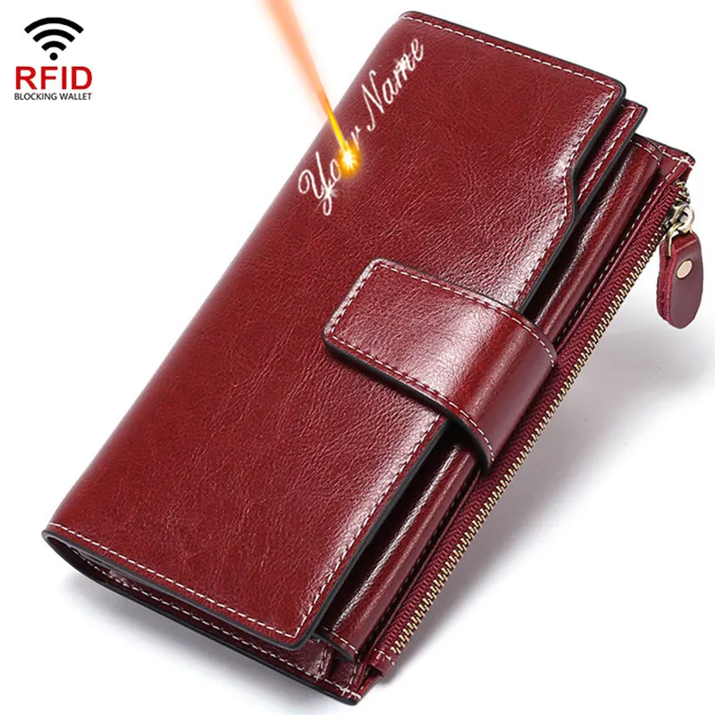 Carteras largas Rfid para mujer, cartera de mano con cremallera, monedero con estampado para mujer, tarjetero de calidad, monedero de cuero genuino para mujer 2024