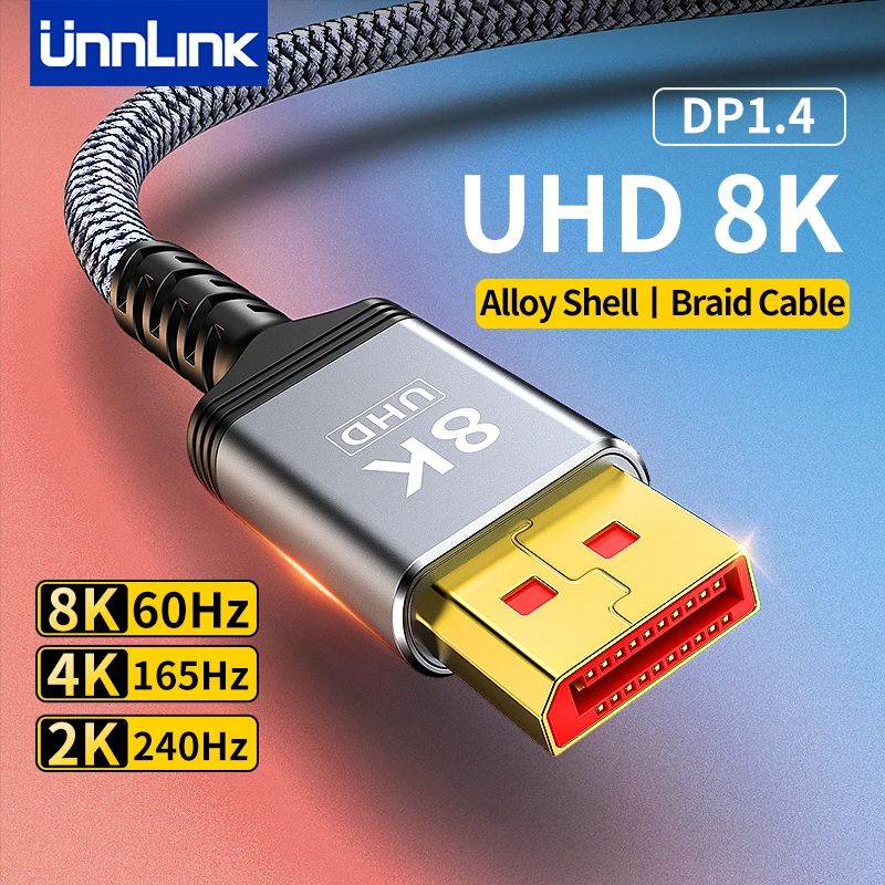 Unnlink DisplayPort Cable DP 1,4 8K 60Hz 4K 165Hz trenzado de alta velocidad Compatible DP1.2 para PC portátil a Monitor de TV 1m 1,5m 2m 3m 5m