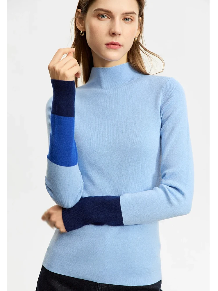AMII-suéteres nuevos minimalistas para mujer, suéteres ajustados con contraste de Color, cuello medio alto, básicos de oficina, invierno, 2025 12324067