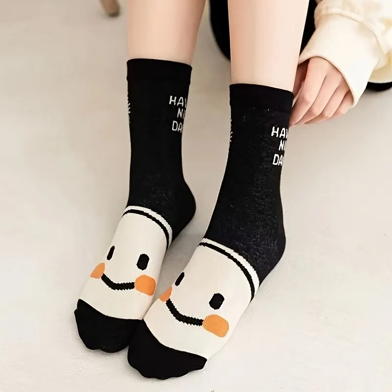 5 pares de calcetines Happy Face Crew, calcetines de tubo medio de algodón transpirable con gato de dibujos animados, medias y calcetería para mujer
