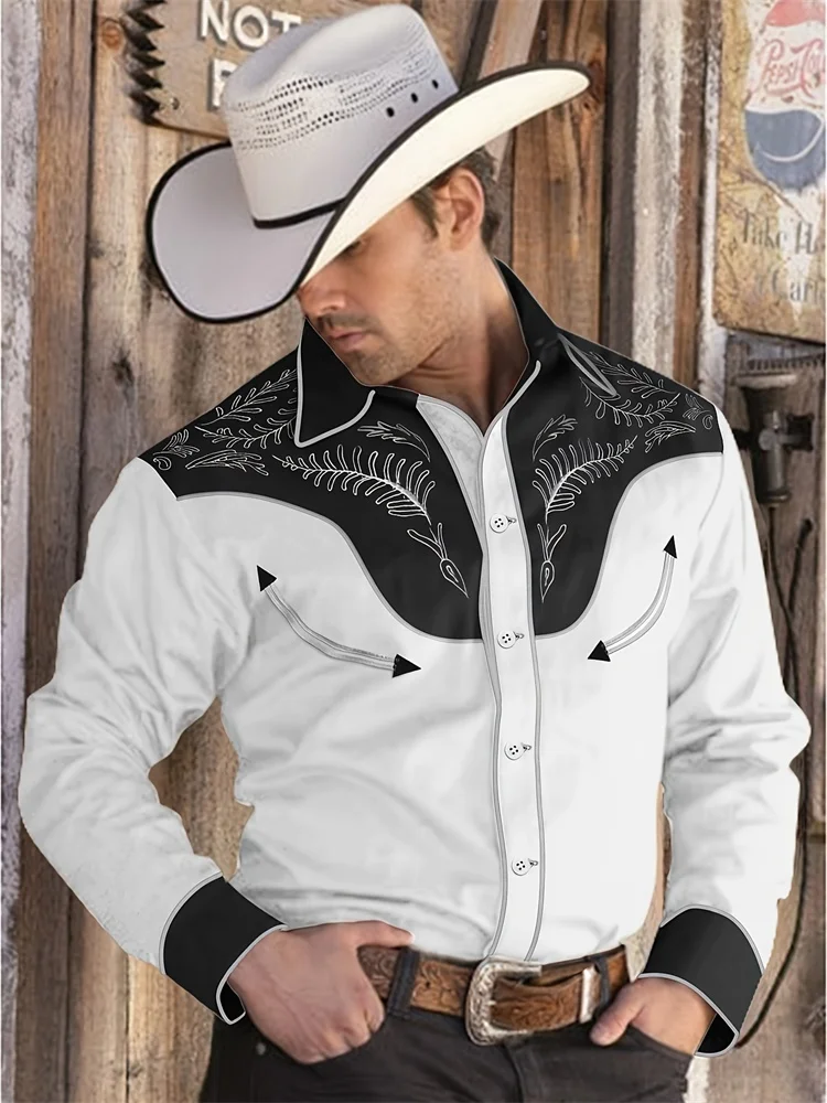 2024 New Western Denim Men's Shirt 3D Vintage Printed Men's Long Sleeve Shirt Outdoor Street Fashion Men's Classic Shirt