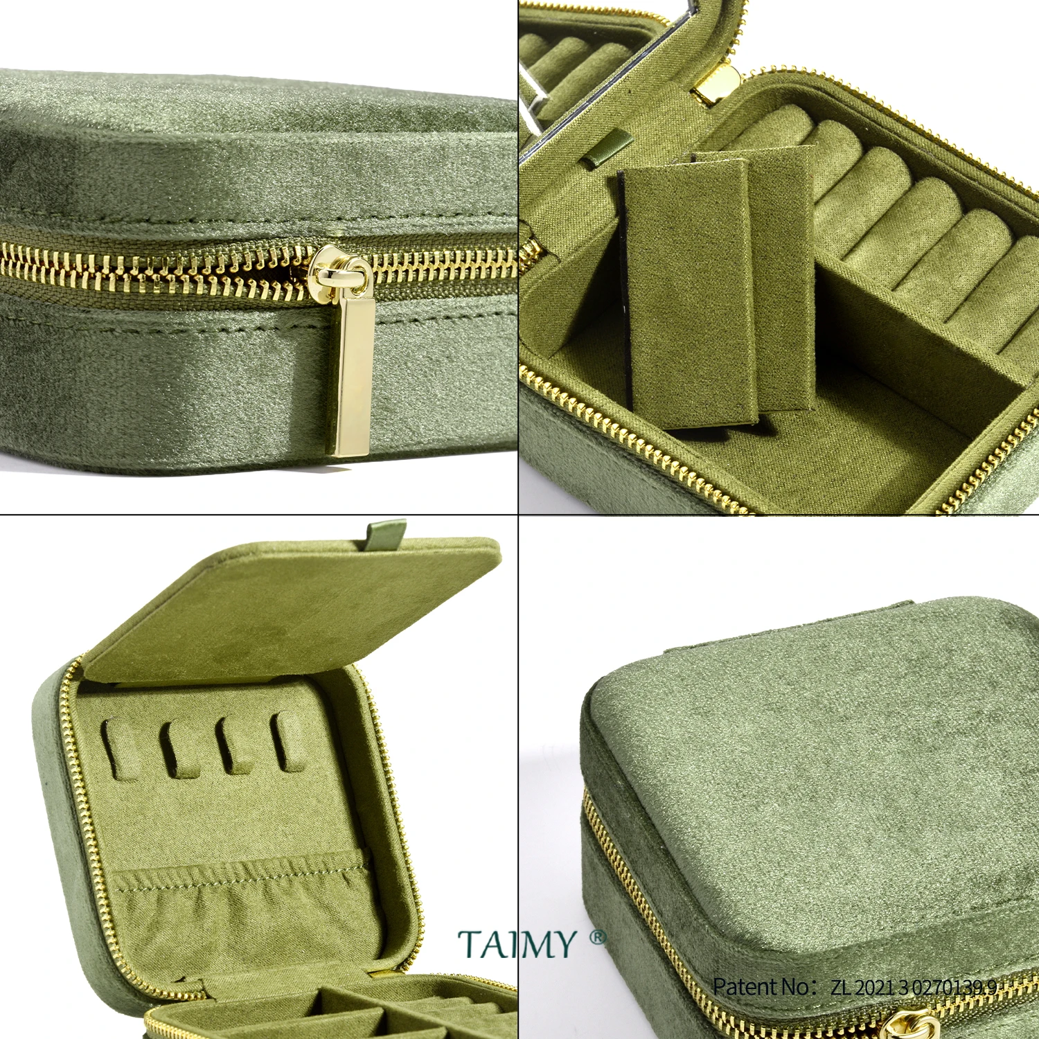 TAIMY ヴィンテージベルベットトラベルジュエリー収納リングボックスフリップミラーオーガナイザーサポートロゴカスタムレトログリーンジュエリーボックス