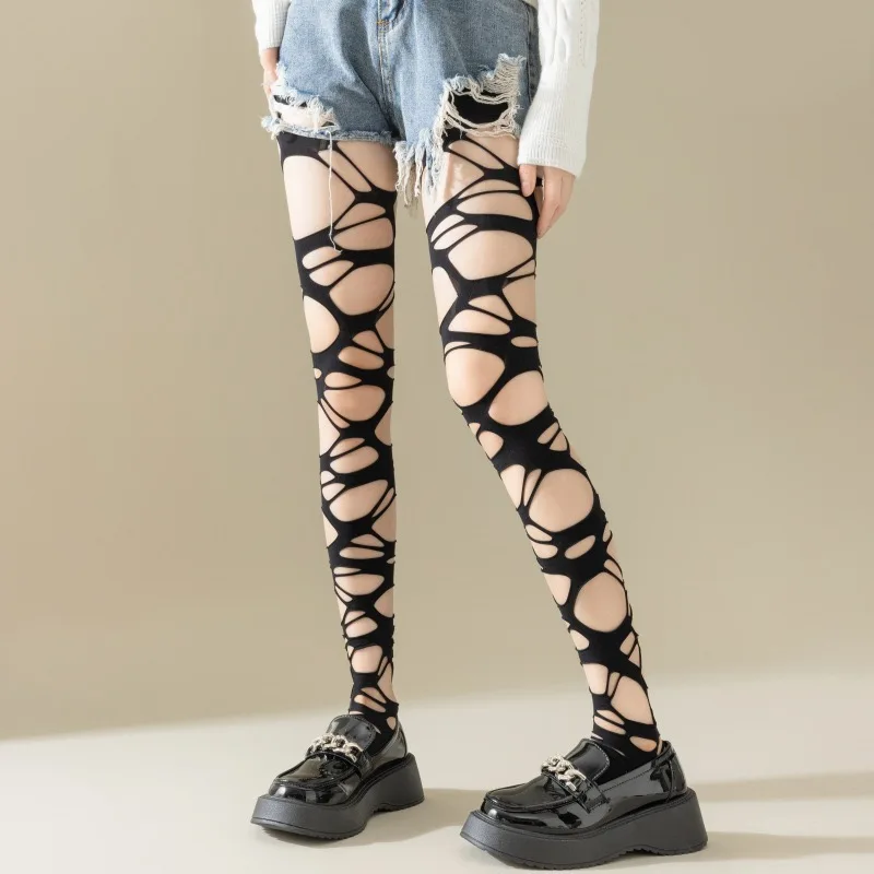 Zerrissene Netzstrumpfhose für Damen – Edgy Distressed Punk-Strümpfe, Y2K Grunge Goth Aesthetic, rutschfeste, dehnbare Strumpfhose