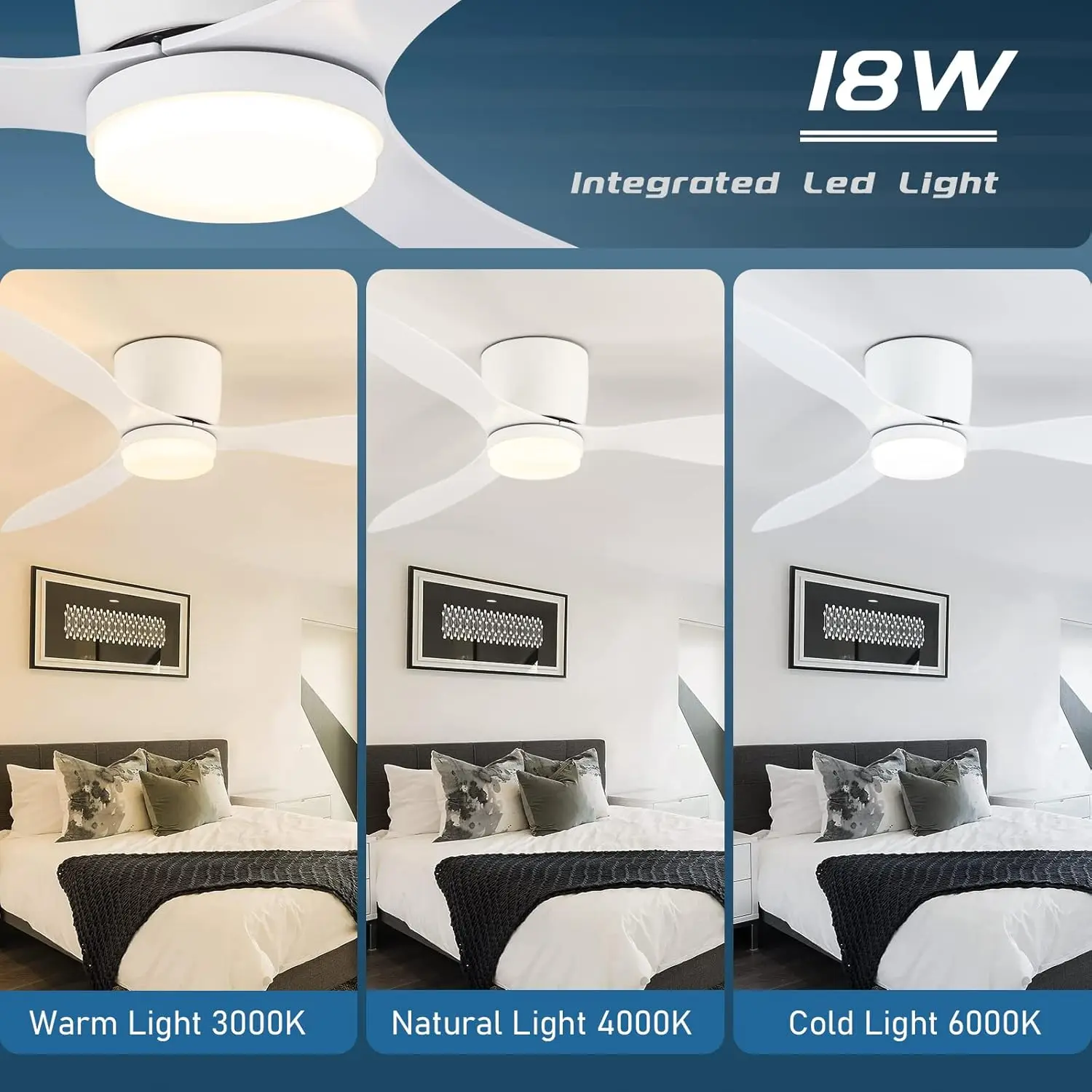 42Inch Mount Ceiling Fan Light with 3 Colors, 6 Speeds, Timing, Low Profile Ceiling Fan with Remote Control  Bedroom Dining Room