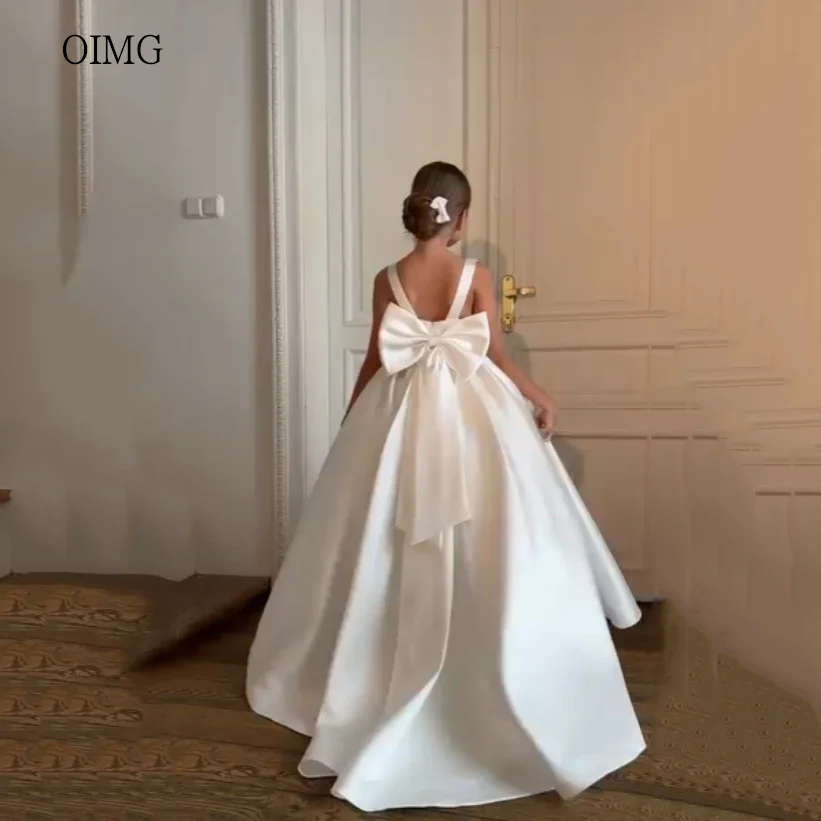 OIMG-vestidos sencillos de marfil para niña, vestidos de flores con cuello redondo, vestido de fiesta de boda con lazo grande, vestido largo de princesa para cumpleaños personalizado