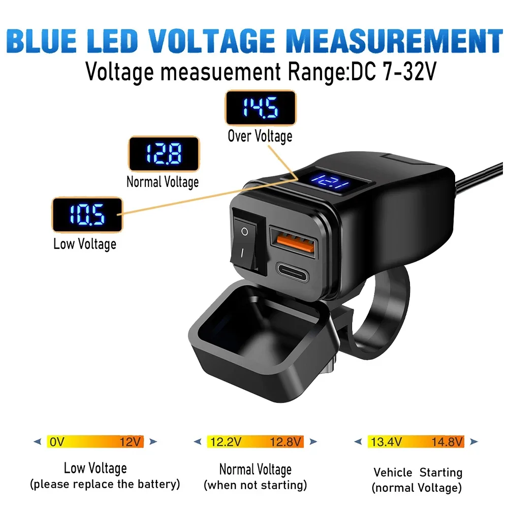 Carregador rápido usb para motocicleta pd qc3.0, 60w, guidão, tomada usb dupla com interruptor, voltímetro, à prova d'água, adaptador de fonte de alimentação 12v