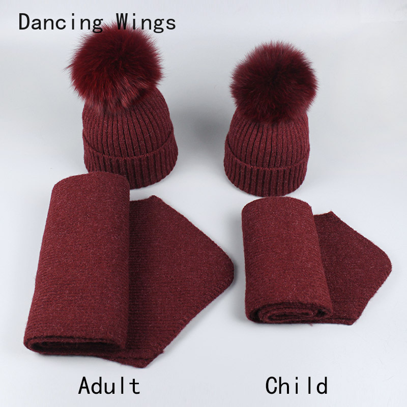 Damen-Wintermütze und Schal für Mädchen, Jungen, Kinder, echtes Fuchspelz, Bommel, Strickmütze, Hüte für Kinder, 2-teilig, Bommelmütze