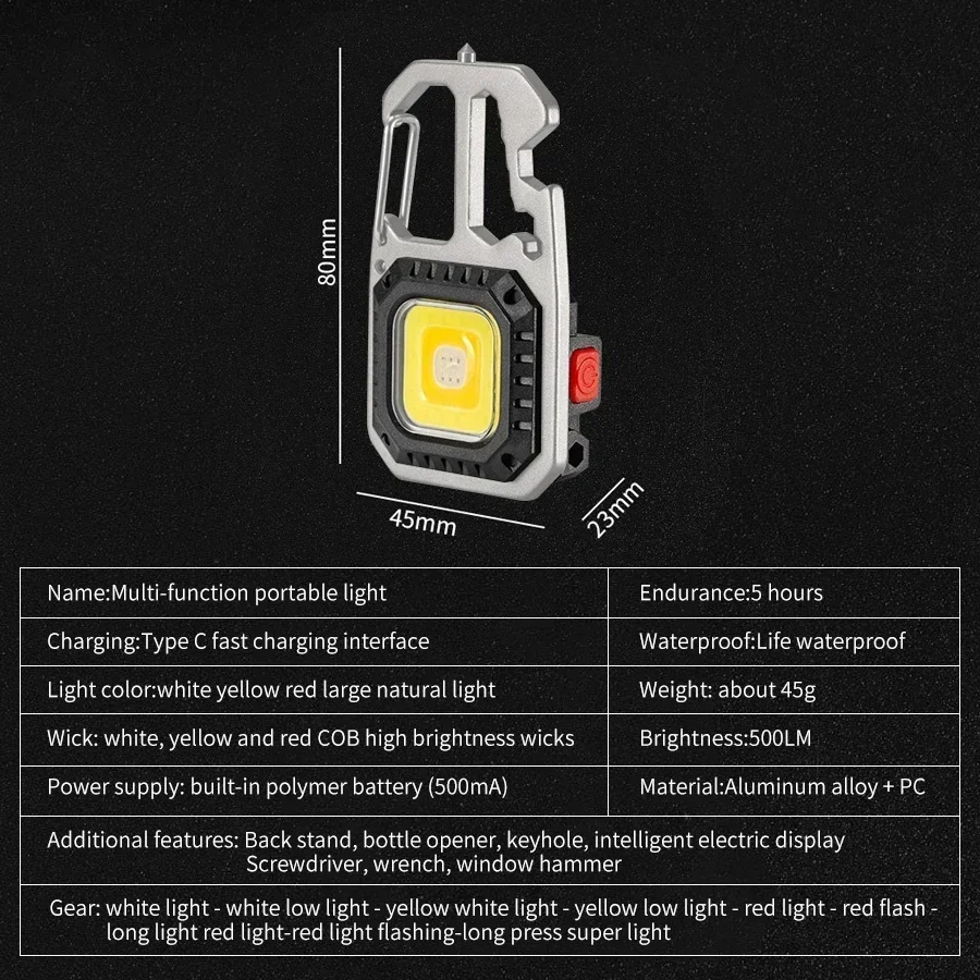 Mini COB Flashlight Portable Led Lantern Keychain Rechargeable Work Light Safety Hammer Outdoor Camping Lamp Bottle Opener