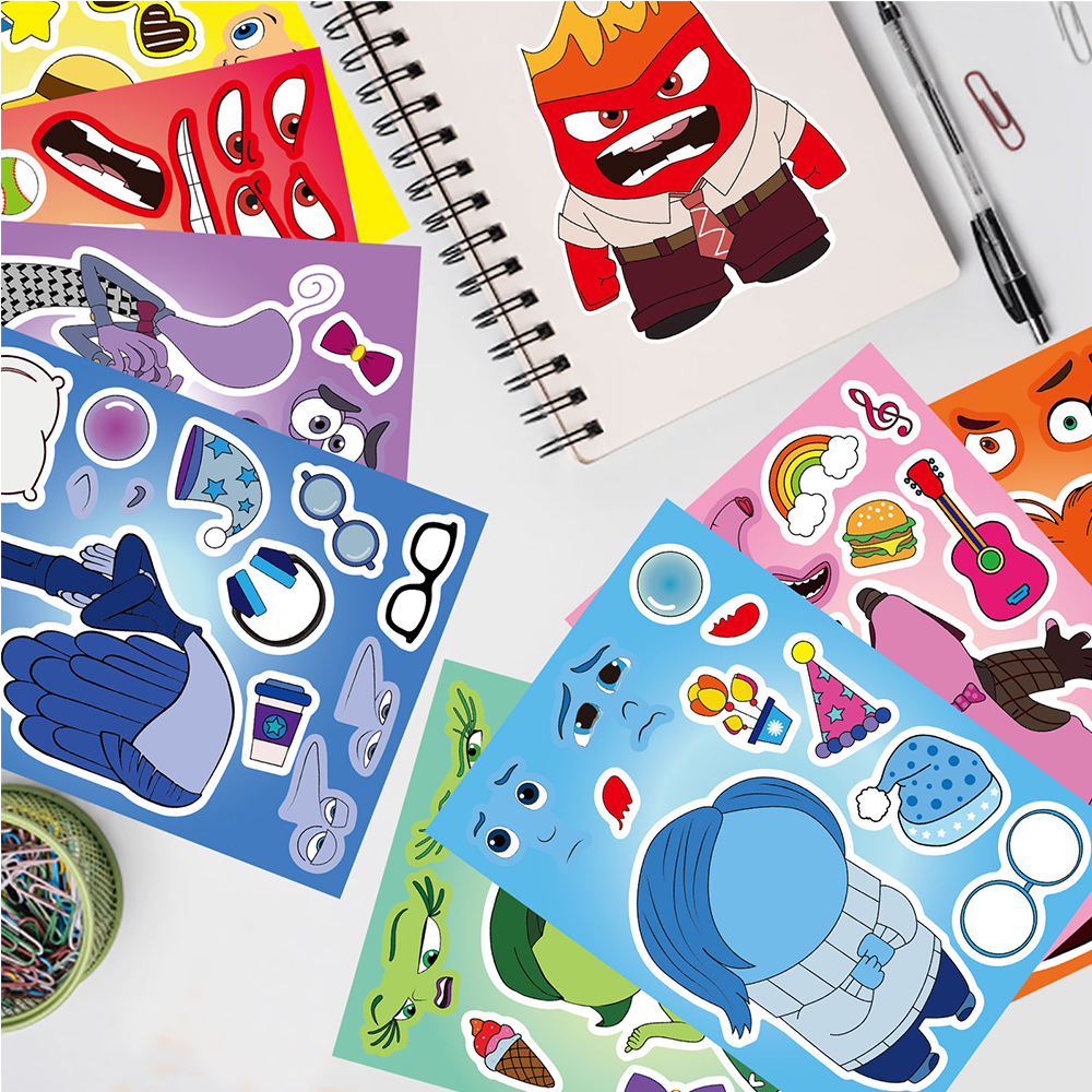 8/16Sheets Disney Inside Out 2 Make A Face Puzzle Stickers Kid Make Your Own DIY Game Children Cartoon Jigsaw Education Toy Gift