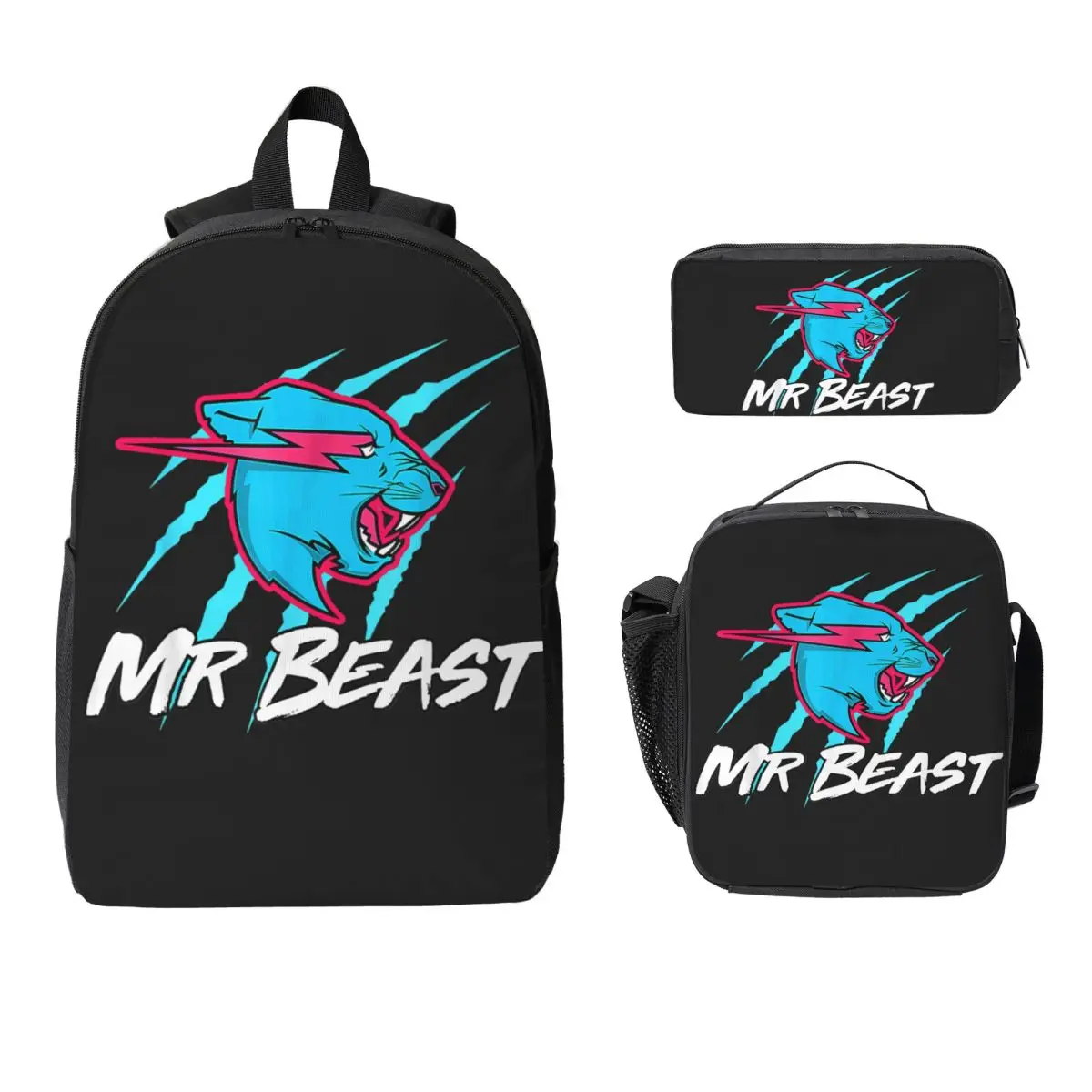 Mr Beasts School bags Set for Boy Girl Gaming Beasts Style Pen Bags Backpack Sets with Lunch Box For School Students Knapsack
