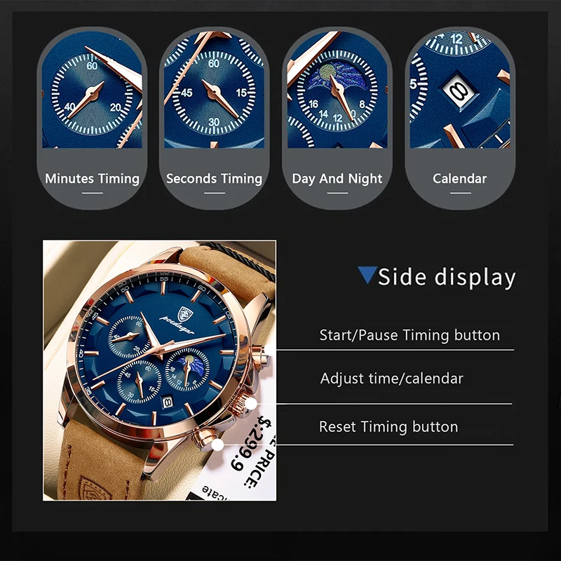 Reloj POEDAGAR de cuero genuino para hombre, cronómetro con calendario luminoso a la moda, reloj masculino resistente al agua con fase lunar, reloj de pulsera de cuarzo para hombre