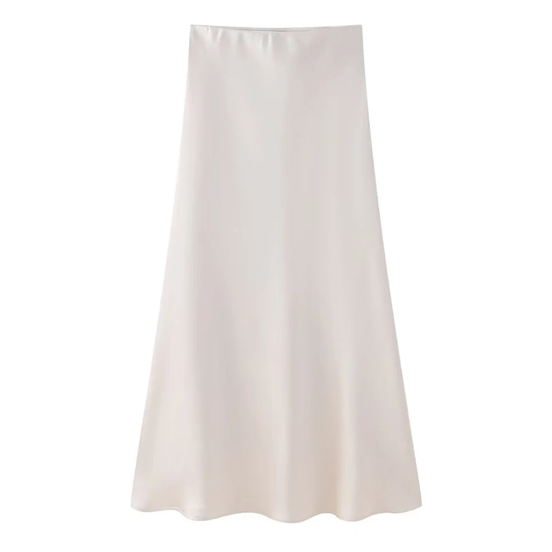 RAFZNB ซาตินกระโปรงเอวสูงผู้หญิงแฟชั่นสบายๆเอวยางยืด Midi กระโปรงหญิง Chic กระโปรง