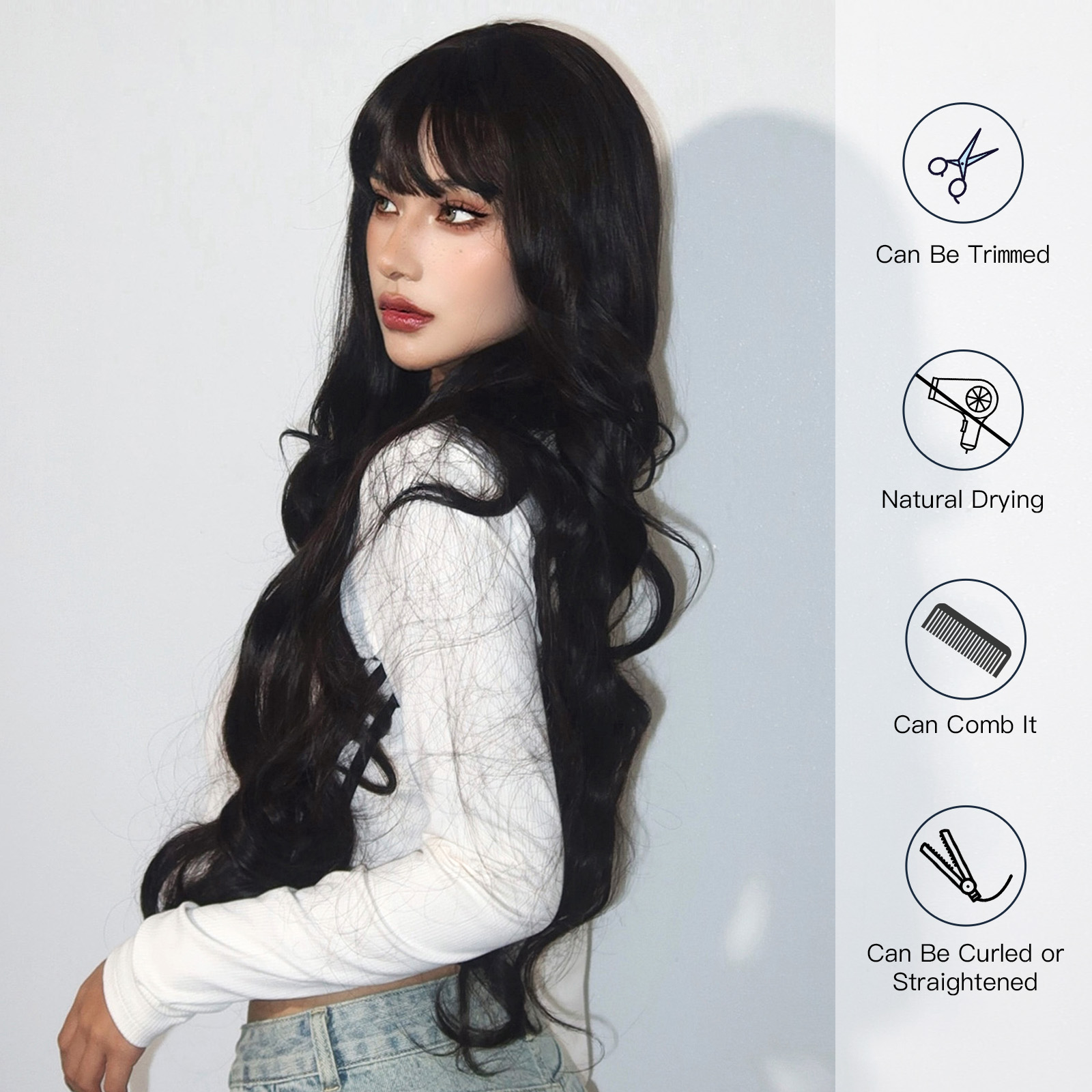 Super ยาวสีดํา Wavy วิกผมสังเคราะห์กับ Bangs สําหรับผู้หญิง Afro Dark Water Wave ฮาโลวีนคอสเพลย์วิกผมธรรมชาติทนความร้อน