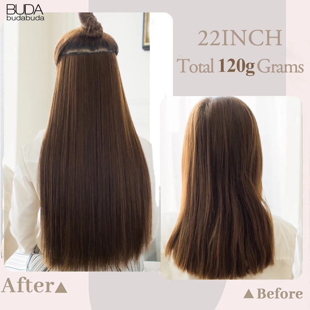 Extensiones de Cabello sintético para mujer, largo y liso postizo, resistente al calor, color rubio y negro, 5 clips