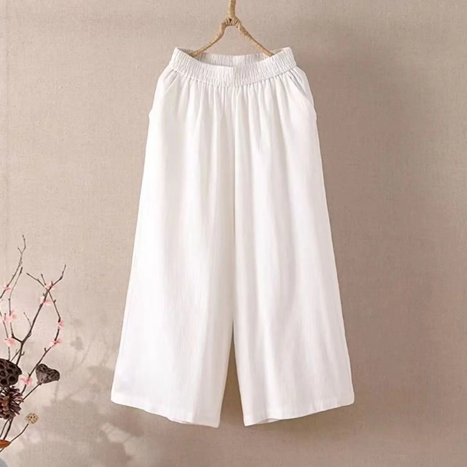 Feamle Casual and Versatile Lazy Style Wide Leg Pants With Pockets Lightweight High Waisted Loose Cropped Capris