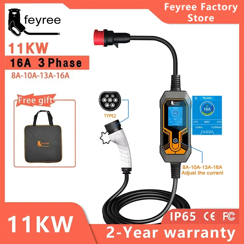 Feyree-ポータブル電気自動車、evseケーブル、充電ボックス、ceeプラグ、電気自動車、タイプ2、5m、11KW、16A、3相、evse