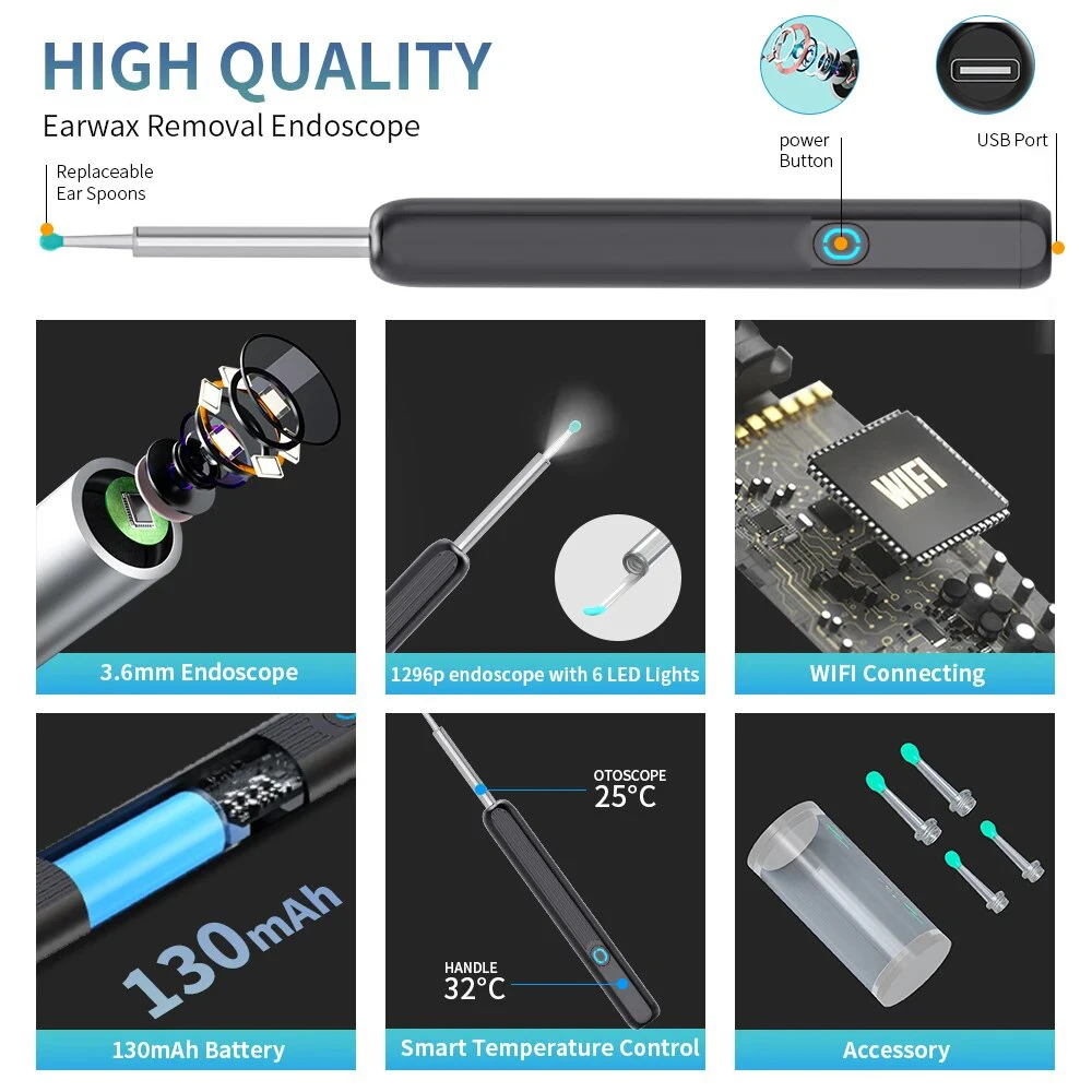 Universal WIFI Visual Ear Cleaner Otoscope Camera With 6 LED Lights Mini Ear Wax Removal Tool With Camera Take Video HD Earpick