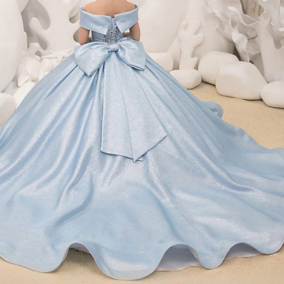 Schulterfreies langes Blumenmädchenkleid mit eleganter Schleife, Prinzessin, Satin, Ballkleid für Kindergeburtstag, Party, Erstkommunion