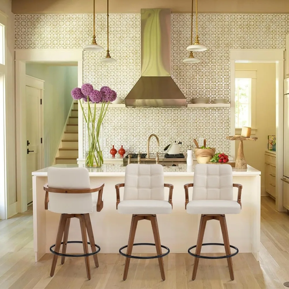 26” Counter Height Bar Stools,Leather Upholstered Bar Chair, Swivel Bar Stools, Modern Beige Barstool Set