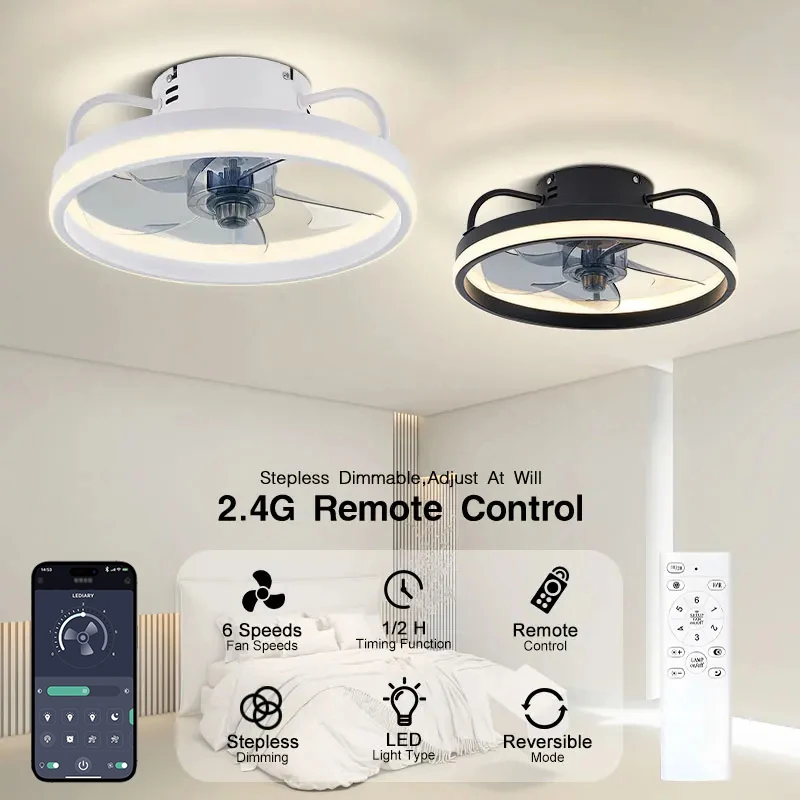 Ventilatori da soffitto con luci Controllo remoto APP Motore CC Dimmerabile continuo Motore CC a 6 velocità Dimmerabile continuo 33-40 cm Luce ventilatore intelligente