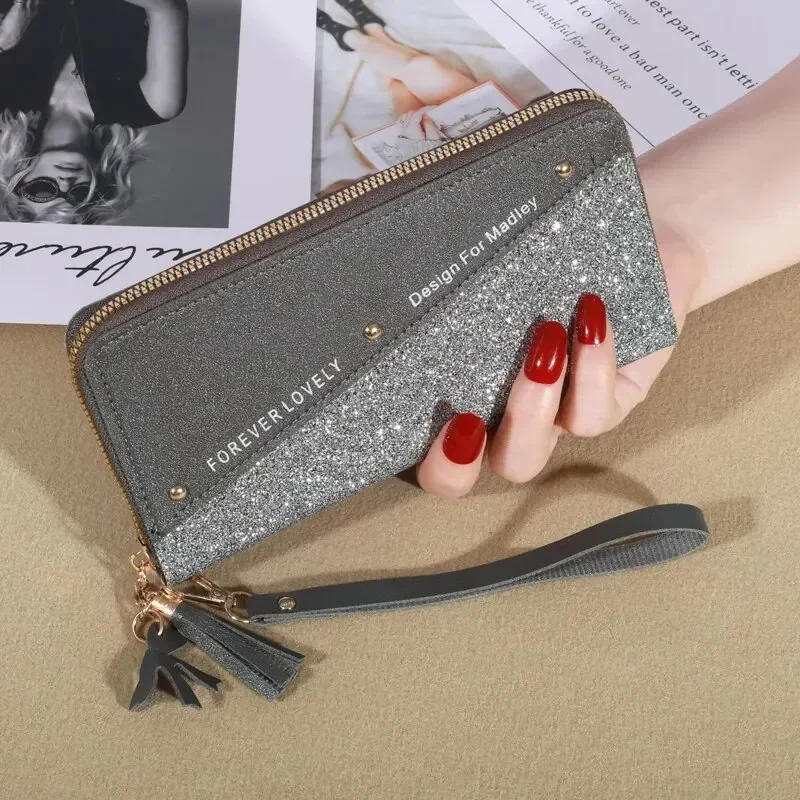 Glitter Shining Wallet New Long Women's Zipper Wallet - Korean Splicing, Color Contrast, Tassel, and Rivet Details