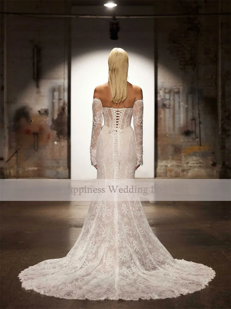 Top con spalle scoperte personalizzato trasparente con maniche a 3/4 Abiti da sera in pizzo a sirena Abito da sposa senza schienale e con lacci
