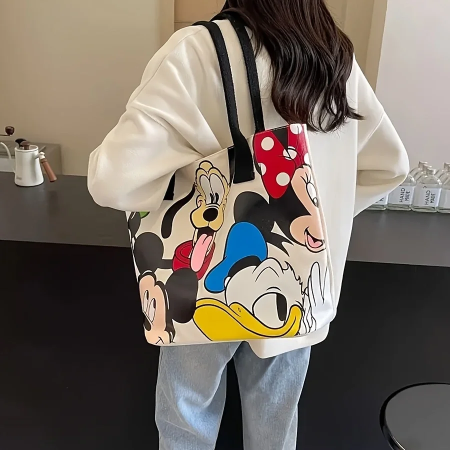 Disney Mickey Mouse Cartoon Canvas Tote Handtas met grote capaciteit - Damesmode schoudertas met ritssluiting en knoopsluiting
