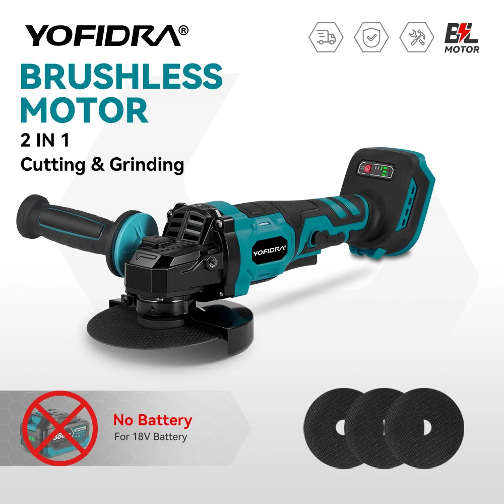 YOFIDRA 1500W 125mm 2in1 Brushless Angle Grinder 12000PRM Cordless Electric Polishing Grinding Power Tool For Makita Battery Pin
