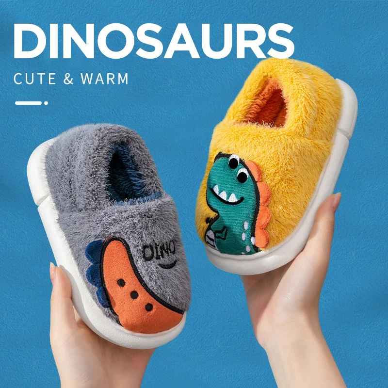 เด็กการ์ตูนไดโนเสาร์เย็บปักถักร้อยรองเท้าแตะ Plush Soft Sole Non-SLIP ฤดูหนาว WARM ชายหญิงในร่มบ้าน Heel Wrap รองเท้าผ้าฝ้าย