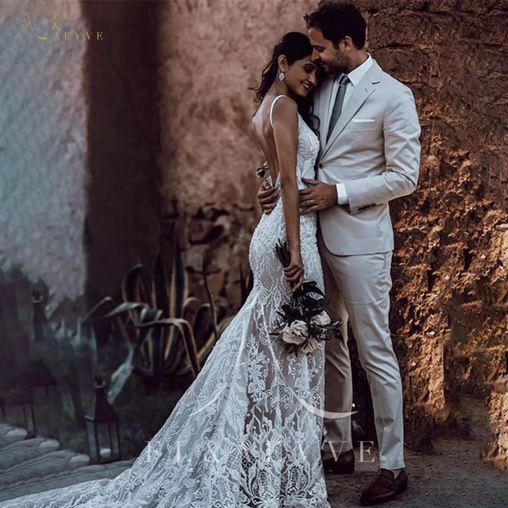 แฟชั่นผู้หญิงชุดแต่งงานลูกไม้สปาเก็ตตี้สายรัดยาวชุดเจ้าสาวBackless Mermaidชุดเจ้าสาวชุดราตรีที่กําหนดเอง