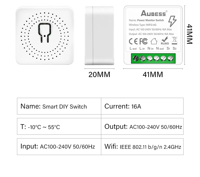 16A WiFi Tuya Smart Switch 2-way Mini Breaker Module With Energy Monitor Smart Home Control Via Alexa Google Alice SmartLife