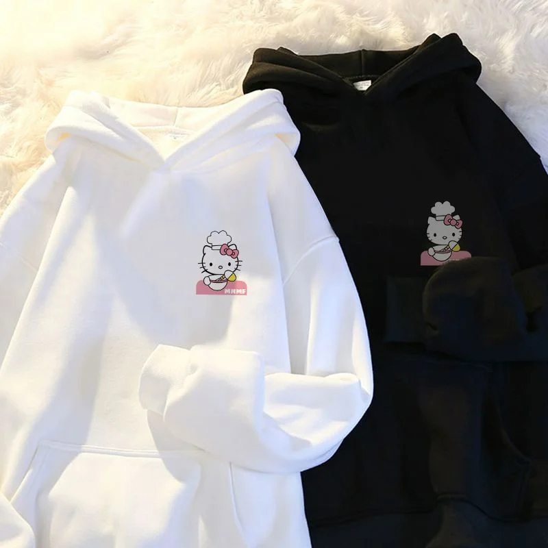 Y2K Bluza damska Cute Kawaii Sanrio Hello Kitty Bluza z kapturem damska Koreański styl Jesień i zima Nowy ciepły luźny top