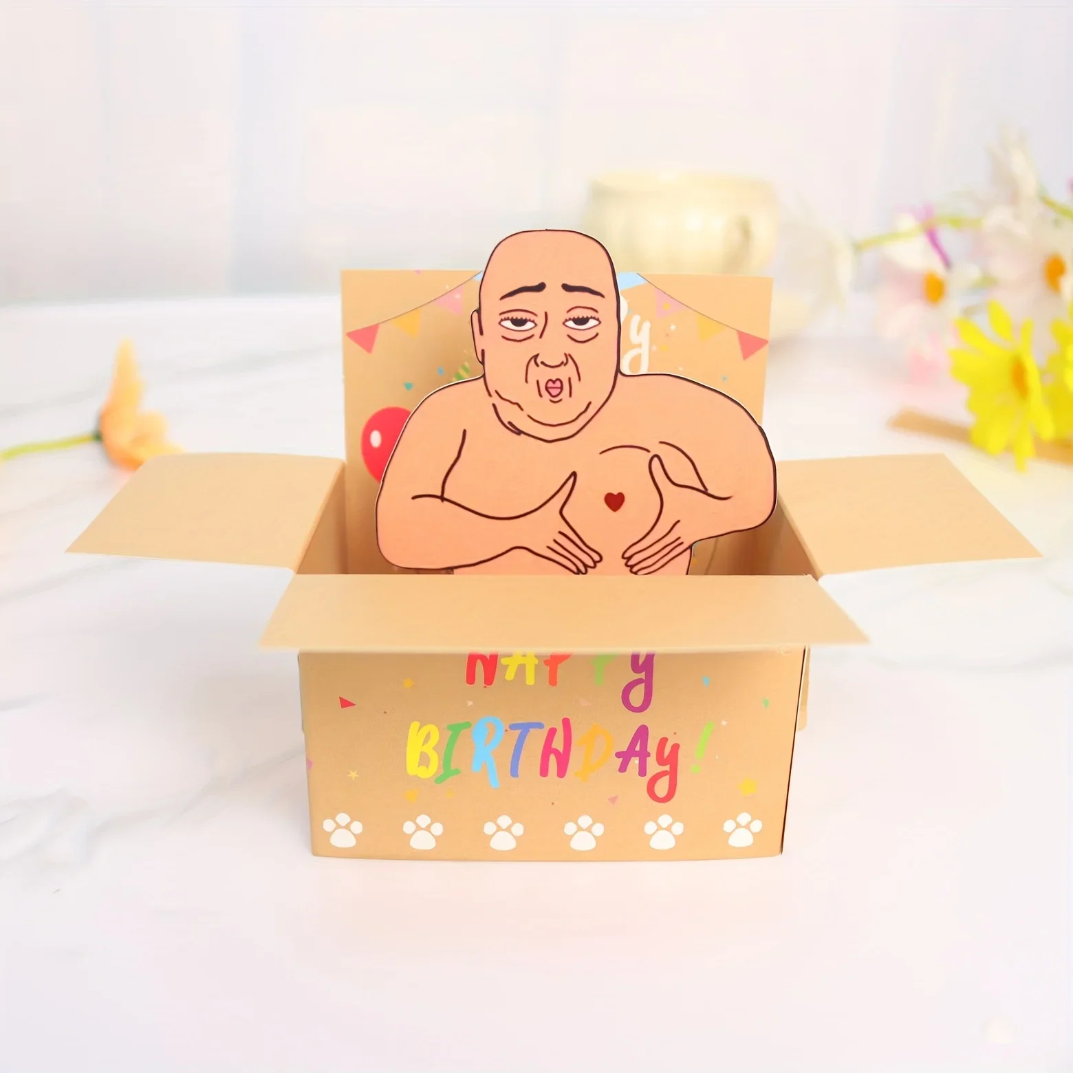 1 tarjeta emergente de feliz cumpleaños hilarante: diseño de personajes 3D humorístico con globos de corazón y confeti, tarjeta caprichosa
