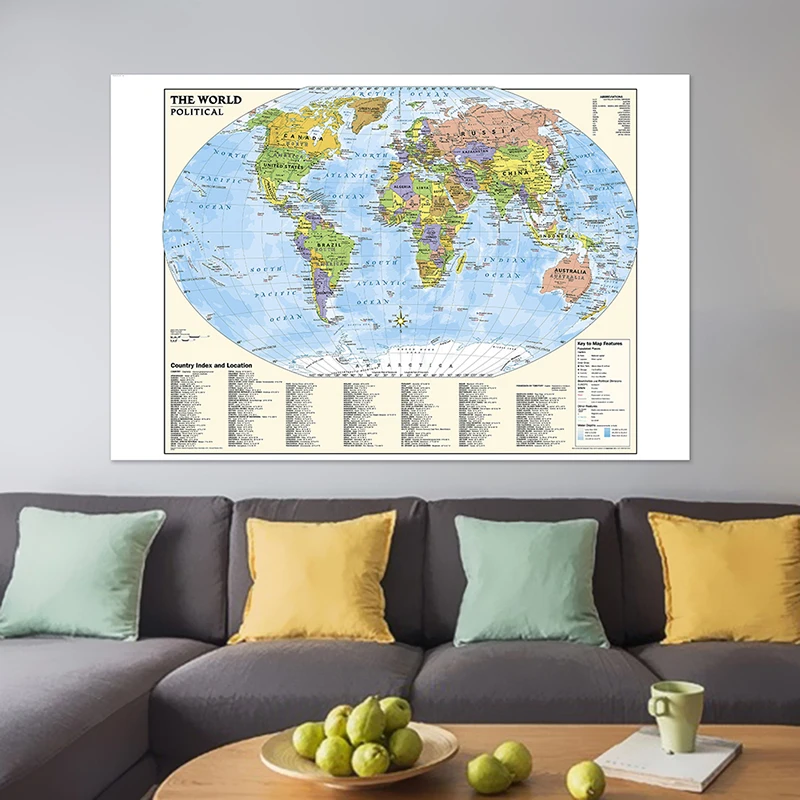 영어 세계지도 걸이식 그림 캔버스 벽지도, 홈 오피스 장식, 학교 용품, A2 사이즈
