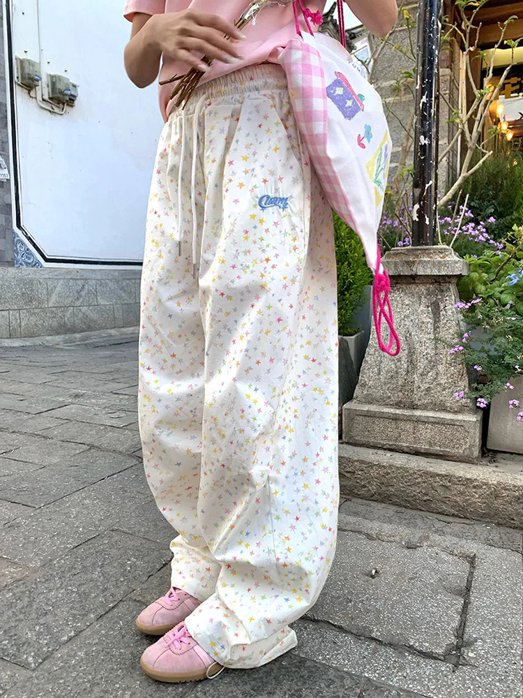 Zoki Stars Print Letter Брюки-карго Женские милые модные широкие брюки с высокой талией Повседневные свободные брюки в консервативном стиле Женские милые брюки