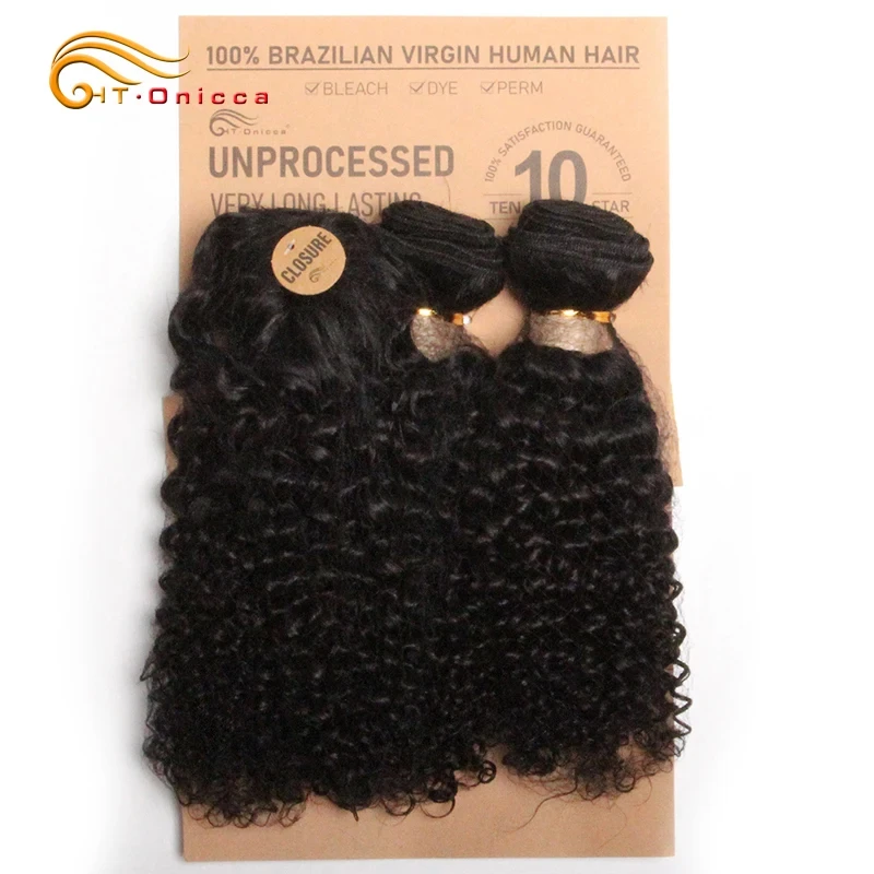 Kinky encaracolado feixes de cabelo humano curto cabelo brasileiro tece 3 pacotes com fecho natural preto encaracolado pacotes com fecho