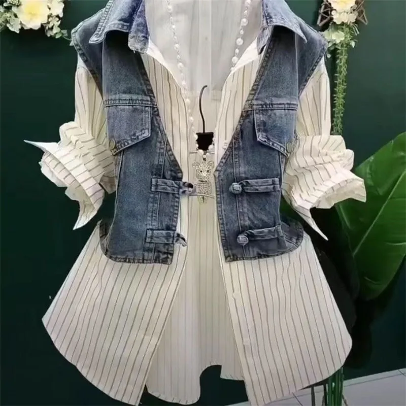 Diseño de moda Sense Chaquetas vaqueras a rayas camisa de mujer Primavera novedad de verano vaquero empalme falso dos piezas camisa abrigo Top mujer