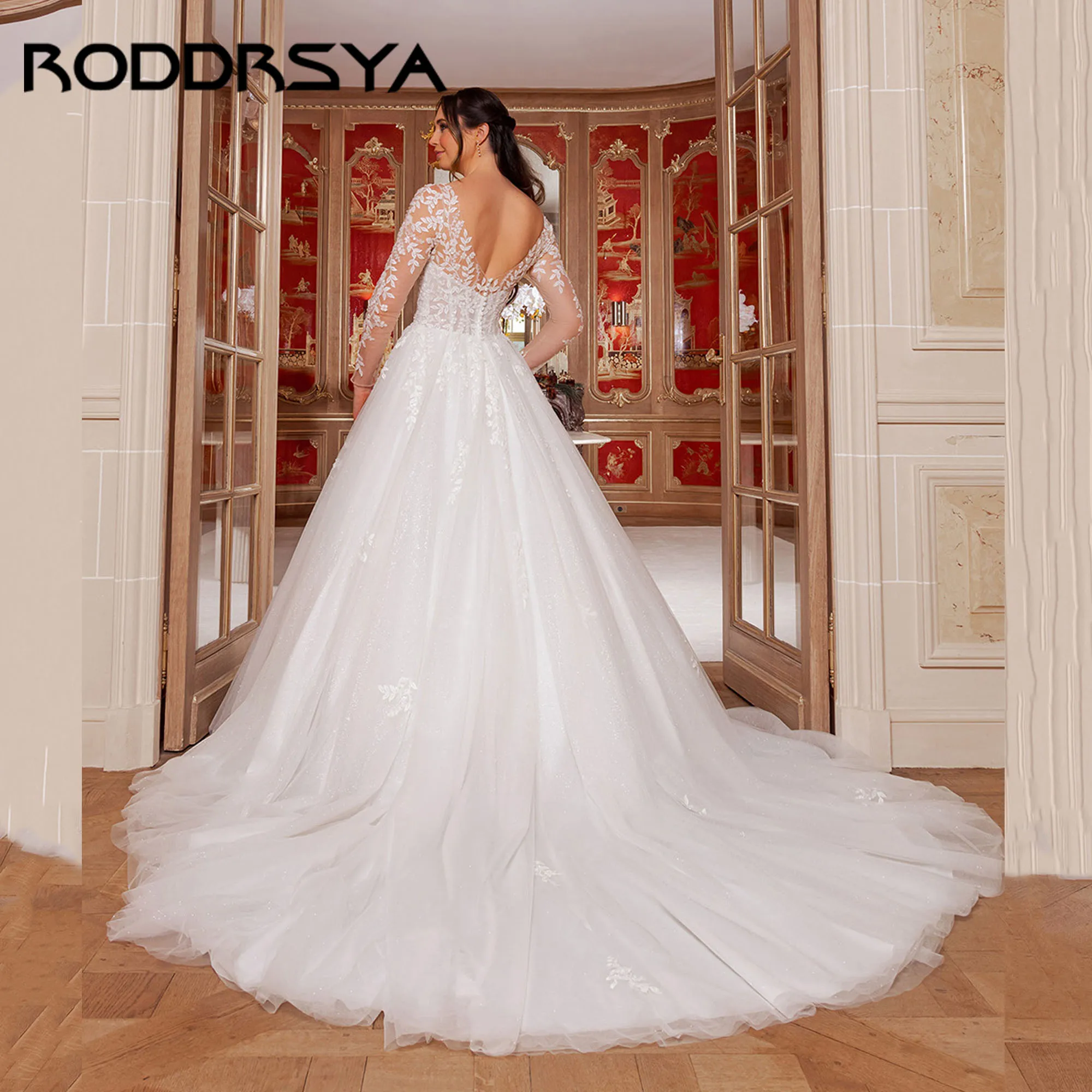 RODDRSYA A ラインチュールブライダルドレス取り外し可能な長袖 V バックアップリケウェディングドレス恋人ローブデマリーカスタマイズ