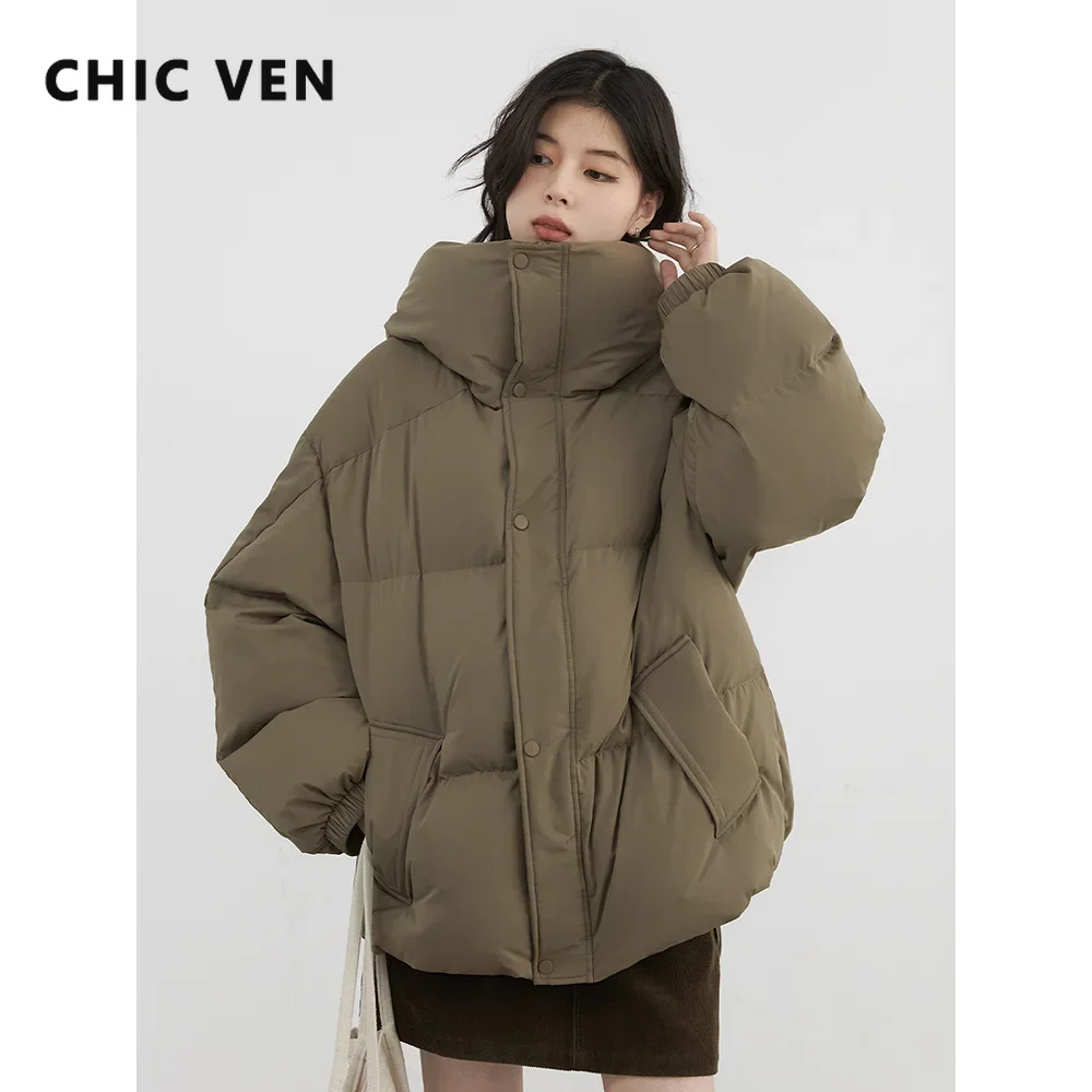 CHIC VEN Frauen Daunenmäntel Neue lose Kapuze 90 weiße Entendaunen Daunenjacke weibliche warme Brotjacke Herbst Winter 2024